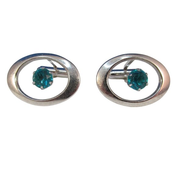 Vintage Oval Cut Out Teal Green Rhinestone Cufflinks Jewels by Park Lane - Picture 1 of 12
